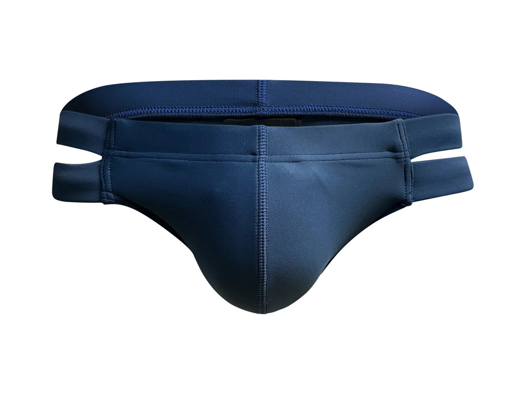 Navy blue Marcuse Bound Bikini swimwear with sleek form-fitting design and reinforced stitching along the seams
