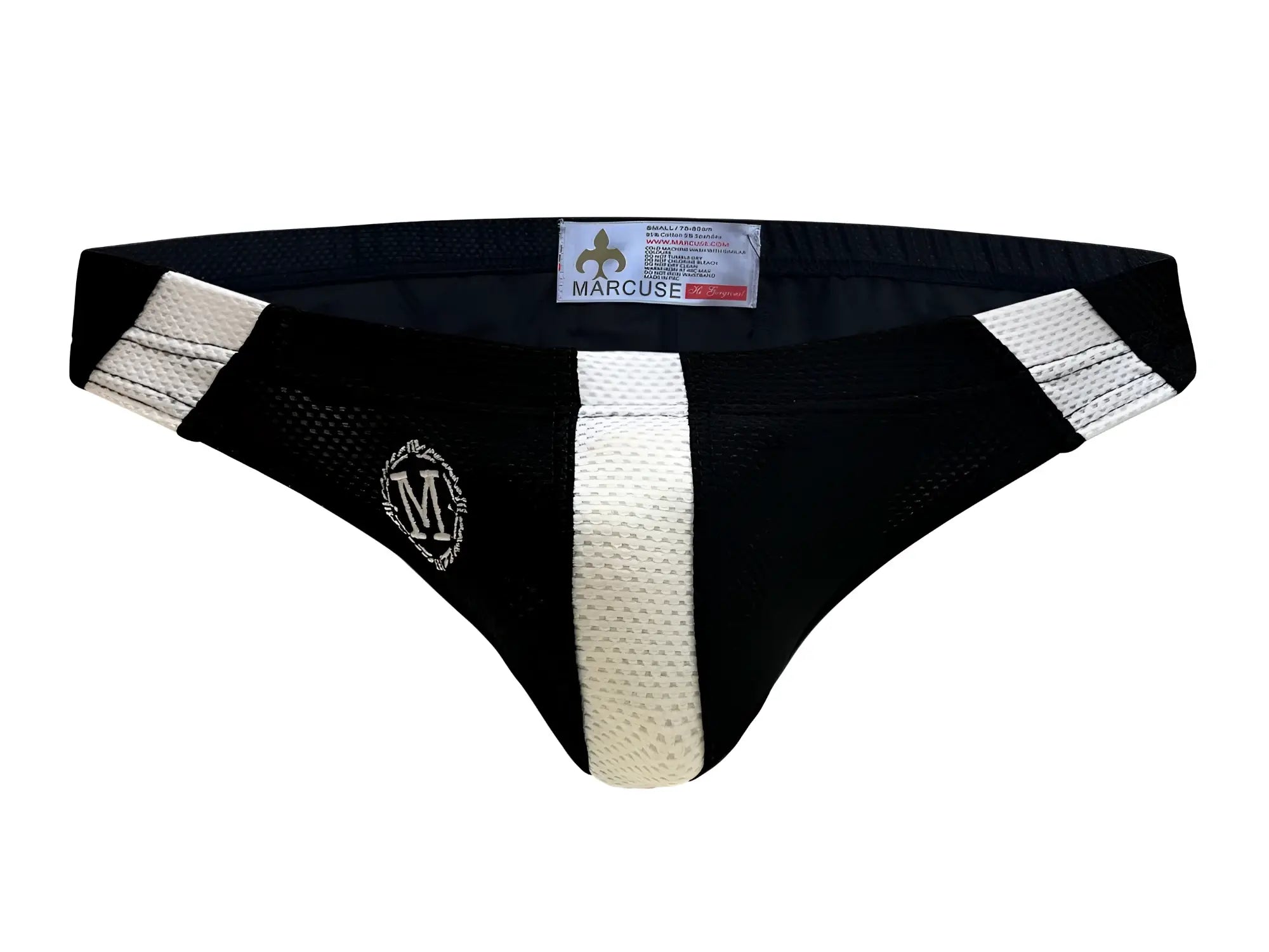 Marcuse breeze brief underwear in black and white mesh with a central white stripe and embroidered logo on left leg