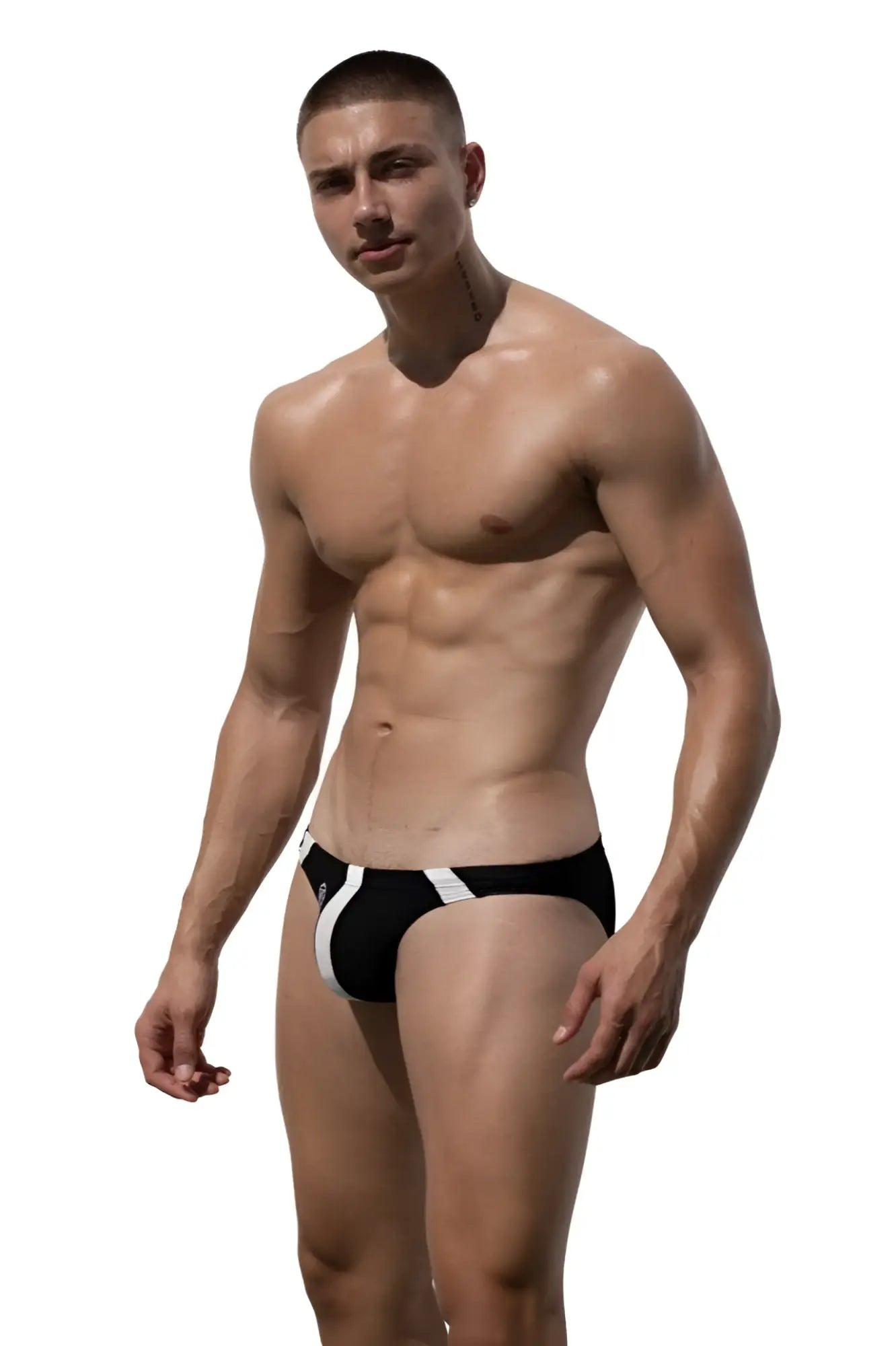 Black and white swim trunks with bold contrasting stripe design by marcuse breeze brief underwear for beachwear