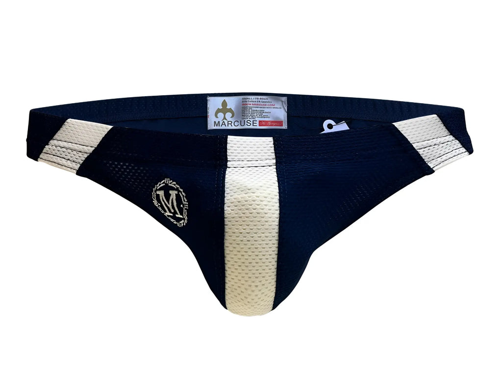 Navy blue and cream mesh Marcuse Breeze brief underwear with gold logo on left hip for athletic wear
