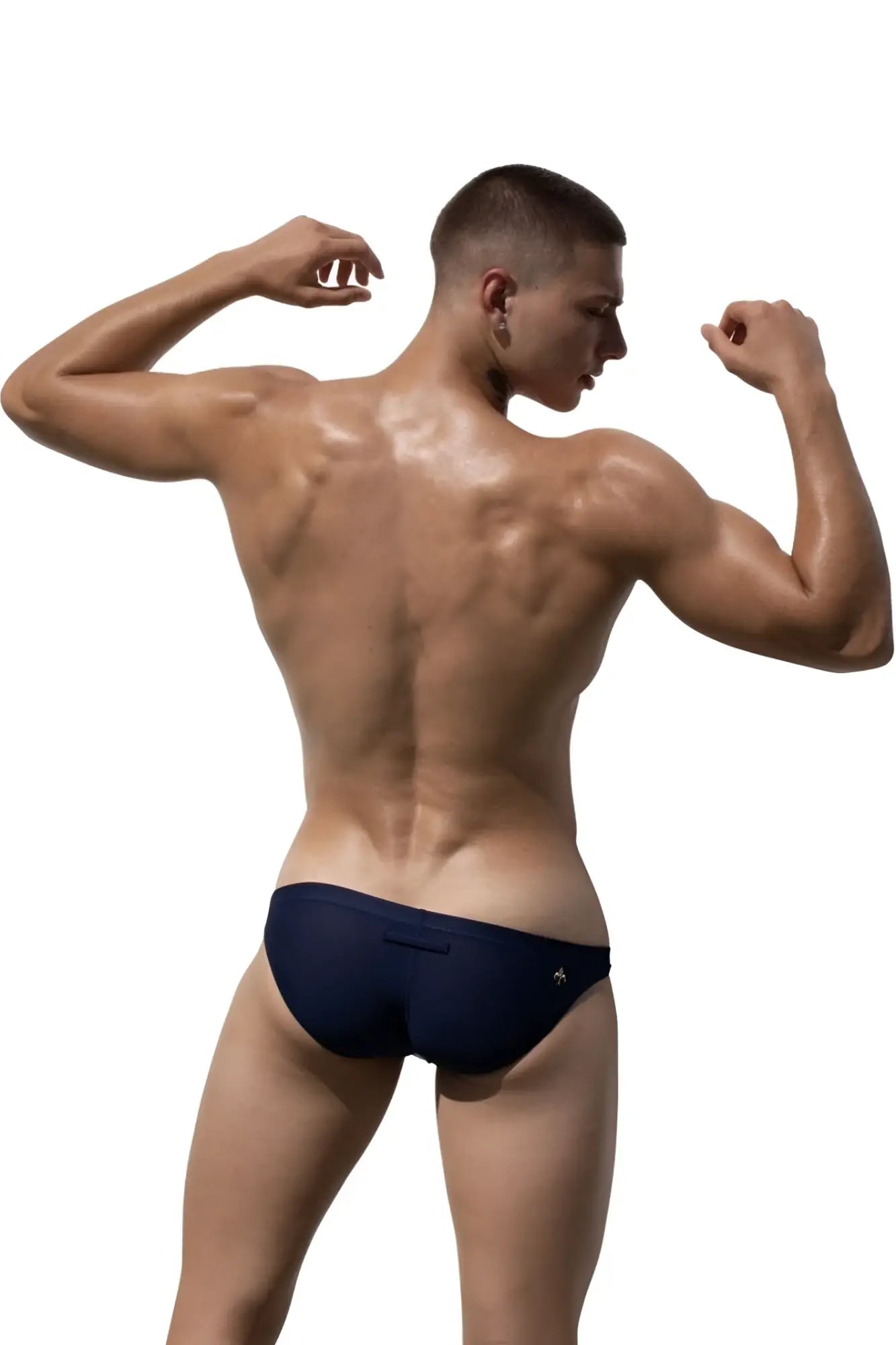 Navy blue marcuse breeze brief underwear showing back side with small logo on waistband for comfortable support