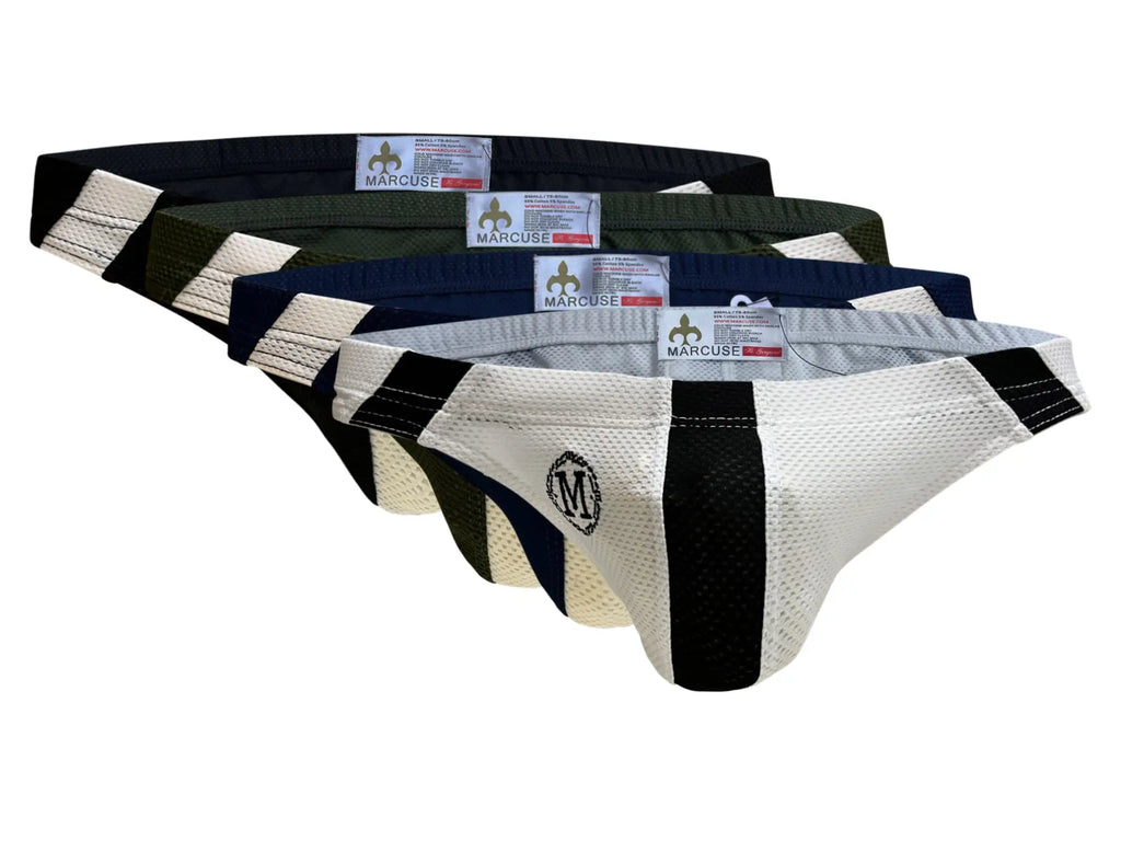 Set of five Marcuse Breeze brief underwear in black olive green navy blue and white with mesh fabric and solid side panels