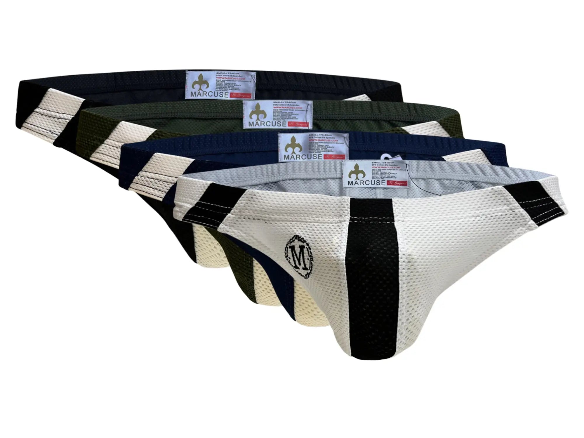 Set of five Marcuse Breeze brief underwear in black olive green navy blue and white with mesh fabric and solid side panels
