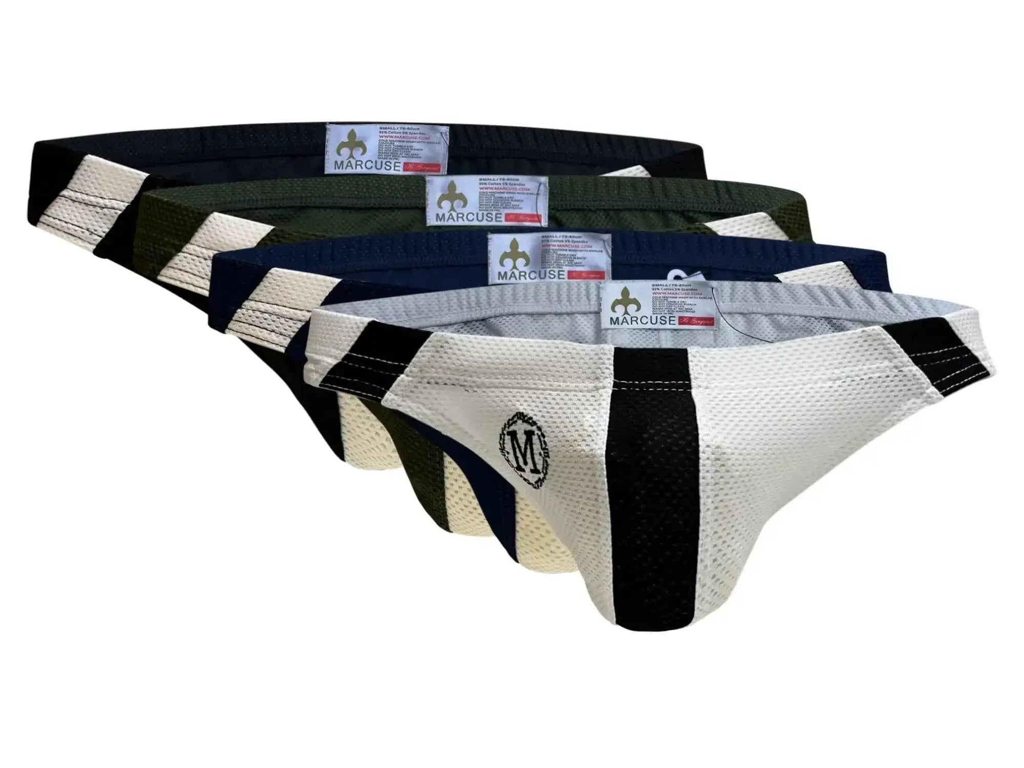Set of five Marcuse Breeze brief underwear in black olive green navy blue and white with mesh fabric and solid side panels