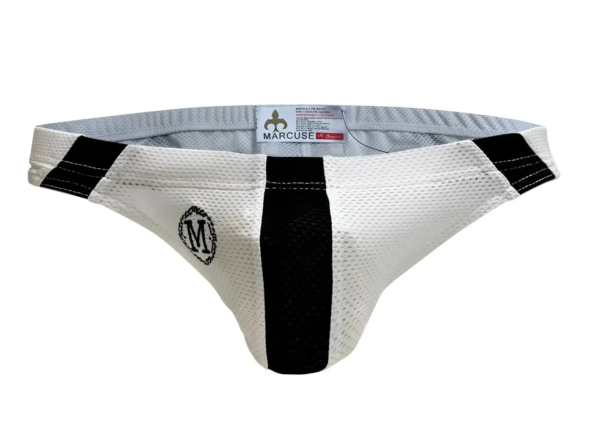 Marcuse Breeze brief underwear in white and black mesh with central black stripe and embroidered m logo on left hip