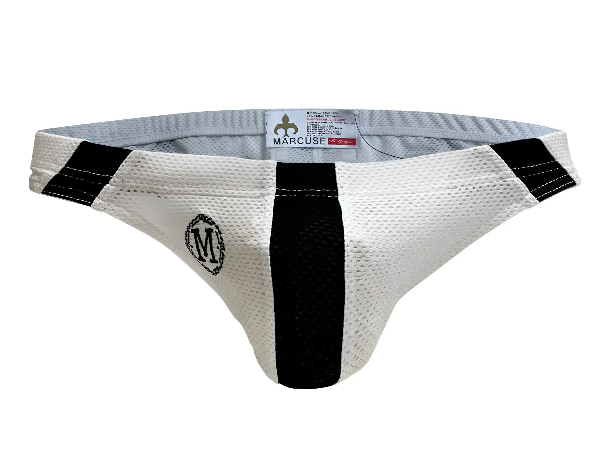 Marcuse Breeze brief underwear in white and black mesh with central black stripe and embroidered m logo on left hip