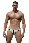 Marcuse Breeze brief underwear in white with black vertical stripes and a small circular logo on the front