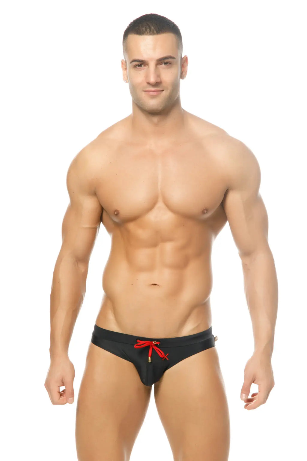 Black Marcuse Burleigh bikini swimwear swim trunks with red drawstring ties for stylish beachwear