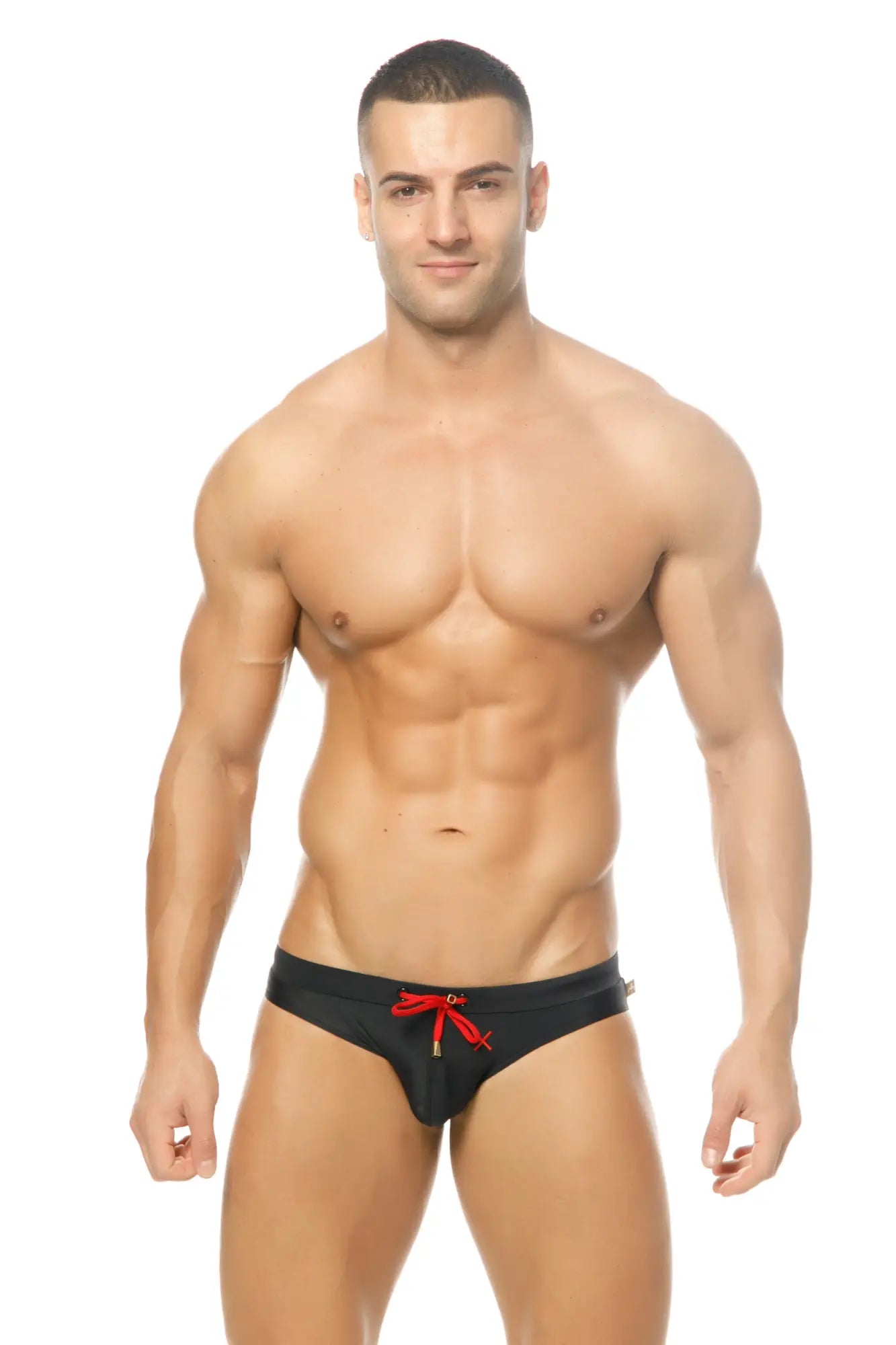 Black Marcuse Burleigh bikini swimwear swim trunks with red drawstring ties for stylish beachwear