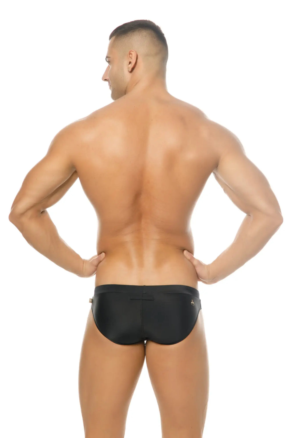 Black marcuse burleigh bikini swimwear trunks with sleek form-fitting design and subtle side branding