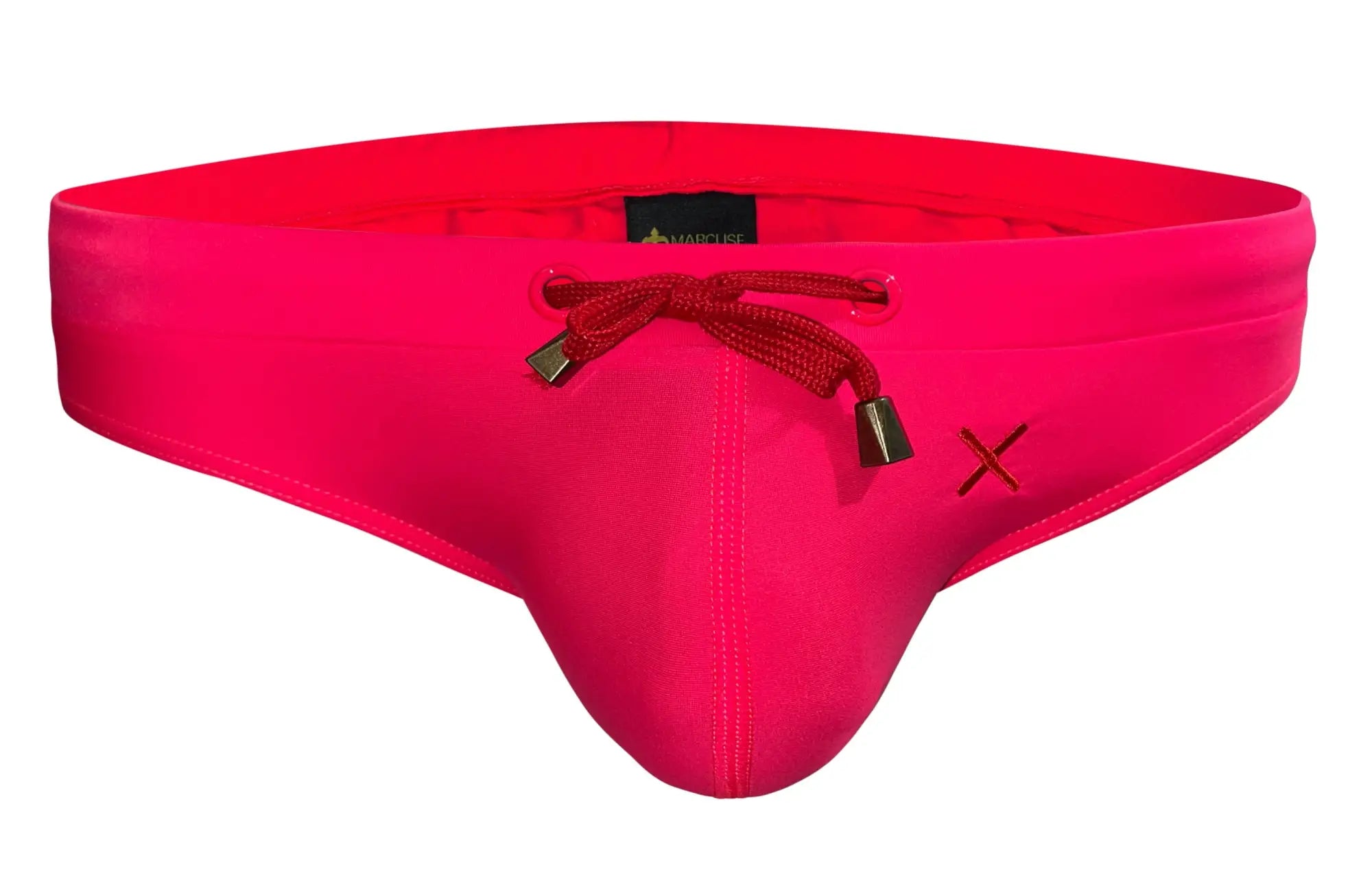 Bright pink Marcuse Burleigh bikini swimwear trunks with drawstring waistband and metallic silver toggles