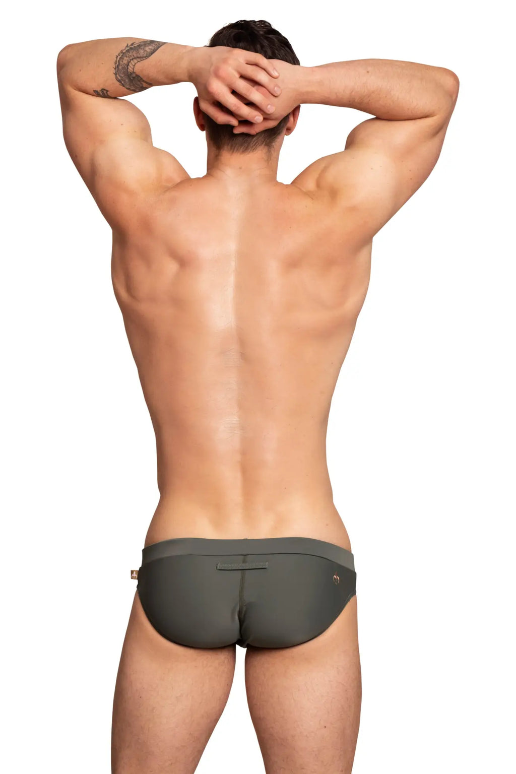 Dark olive green marcuse burleigh bikini swimwear trunks with sleek modern design and subtle side branding