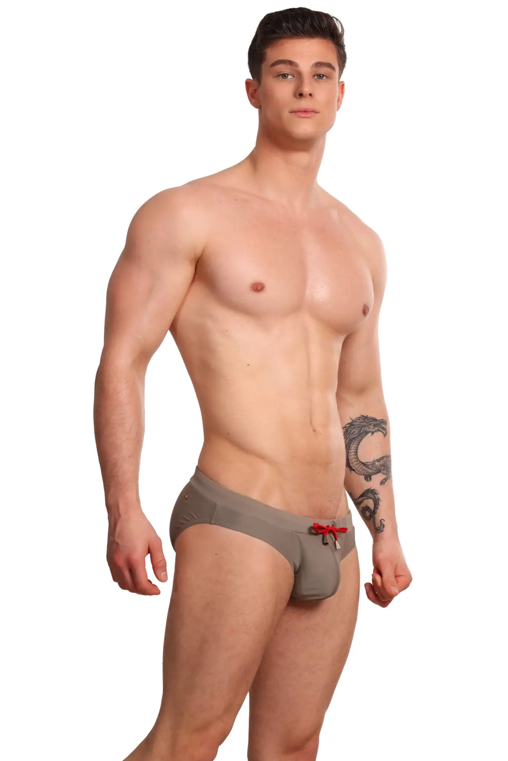 Gray men’s swim trunks with red drawstring tie front from marcuse burleigh bikini swimwear collection