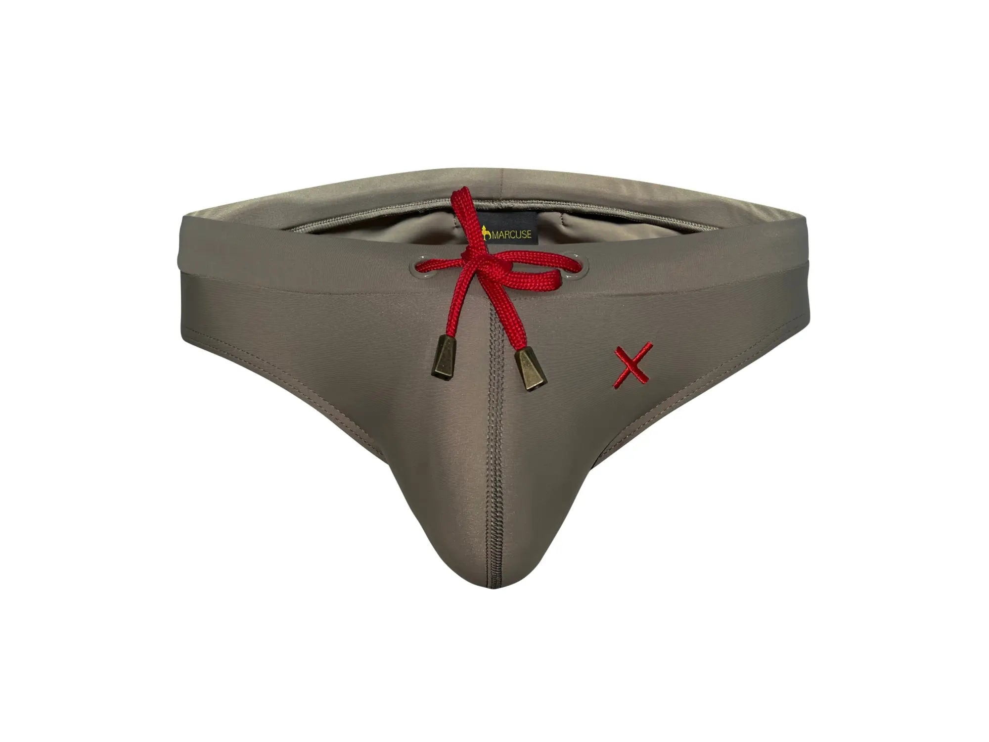 Gray men’s swim trunks with red drawstring and embroidered x on side from marcuse burleigh bikini swimwear