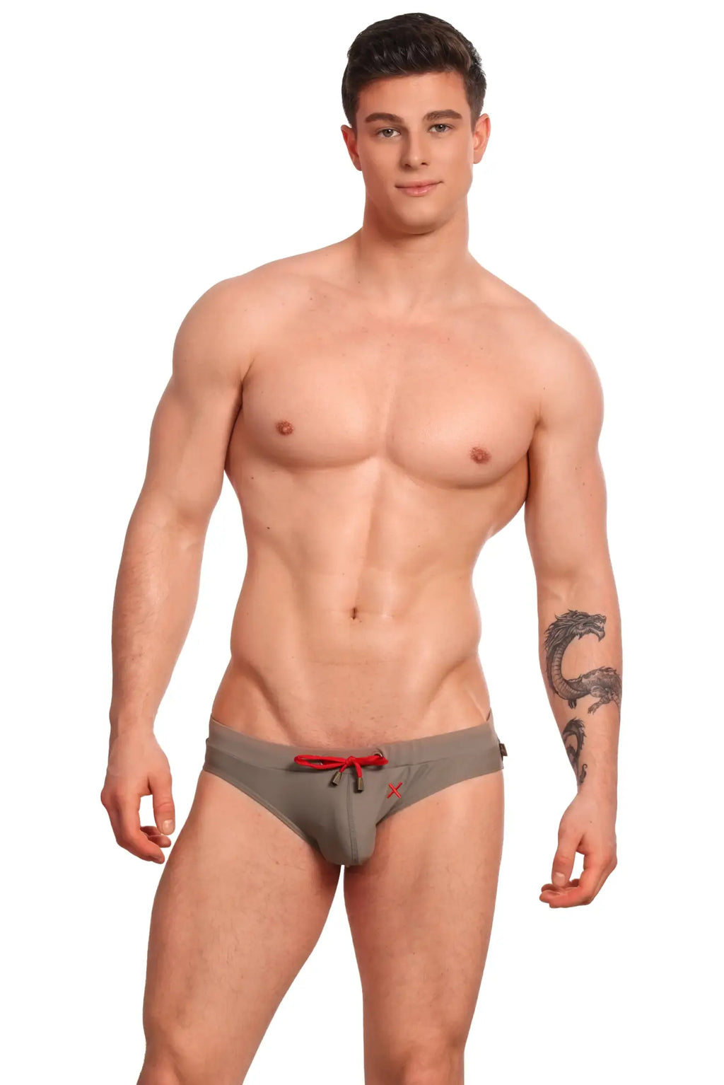 Marcuse Burleigh bikini swimwear gray swim trunks with red drawstring and small logo on the side front view