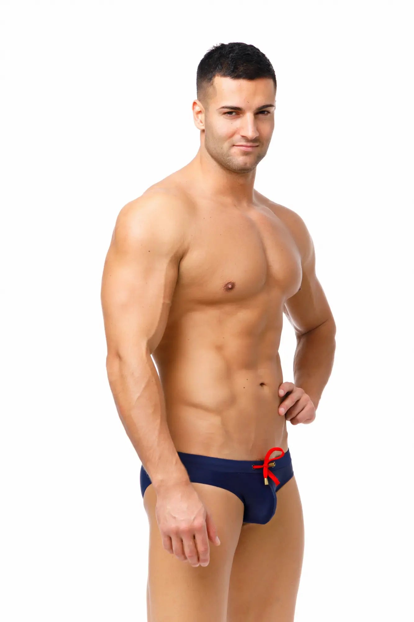 Navy blue marcuse burleigh bikini swimwear trunks with red drawstring and gold-tone hardware for swimming