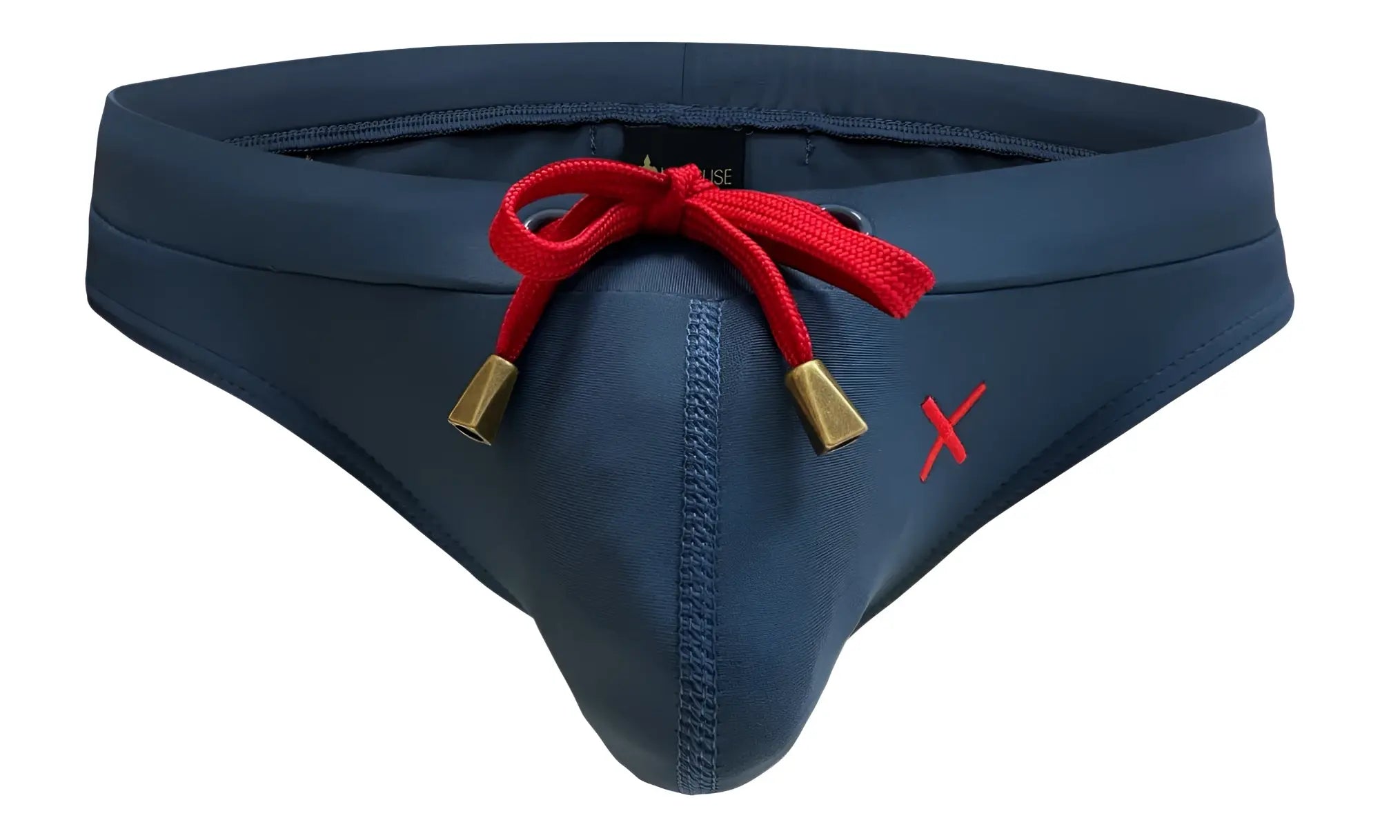 Marcuse Burleigh bikini swimwear navy blue swim trunks with red drawstring gold-tone aglets and subtle red x logo