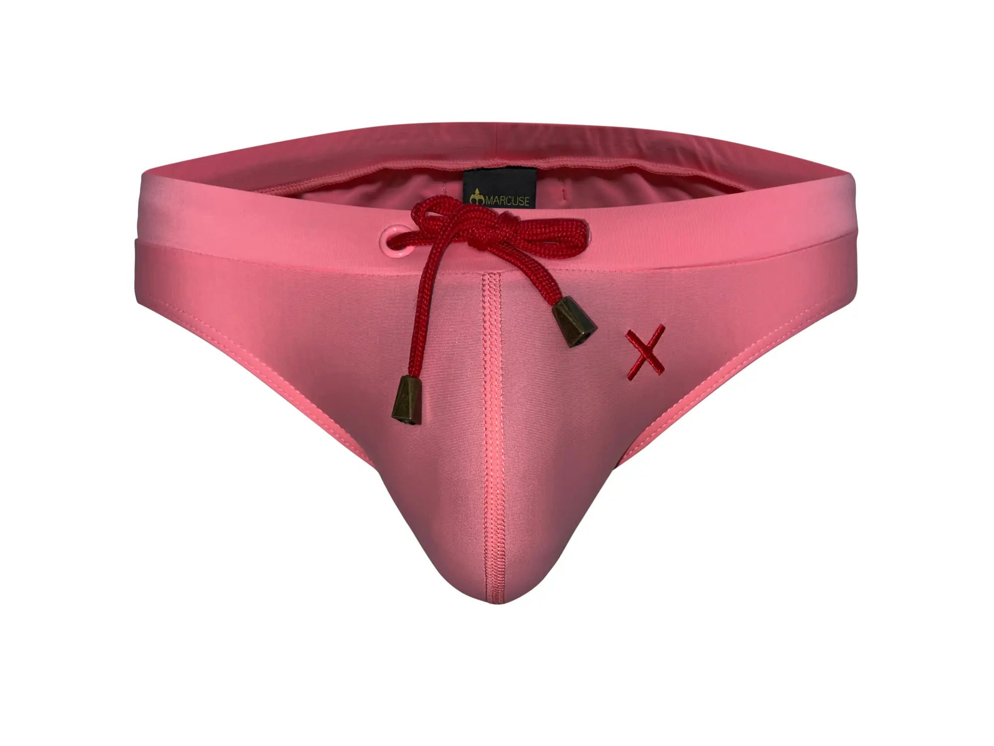 Pink marcuse burleigh bikini swimwear men’s swim trunks with red drawstring and small embroidered x on the side