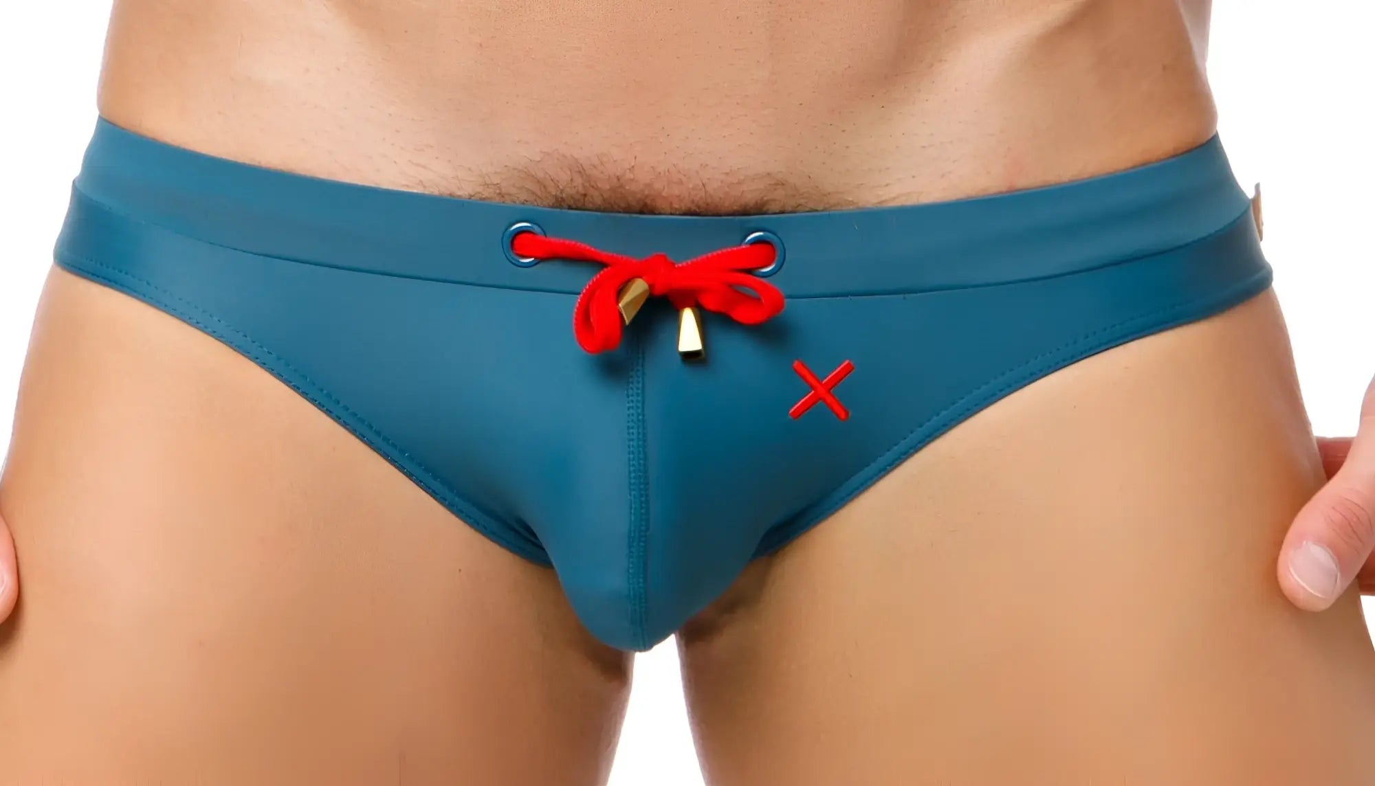 Marcuse Burleigh bikini swimwear teal swim trunks with red drawstring and gold-tone metal accents