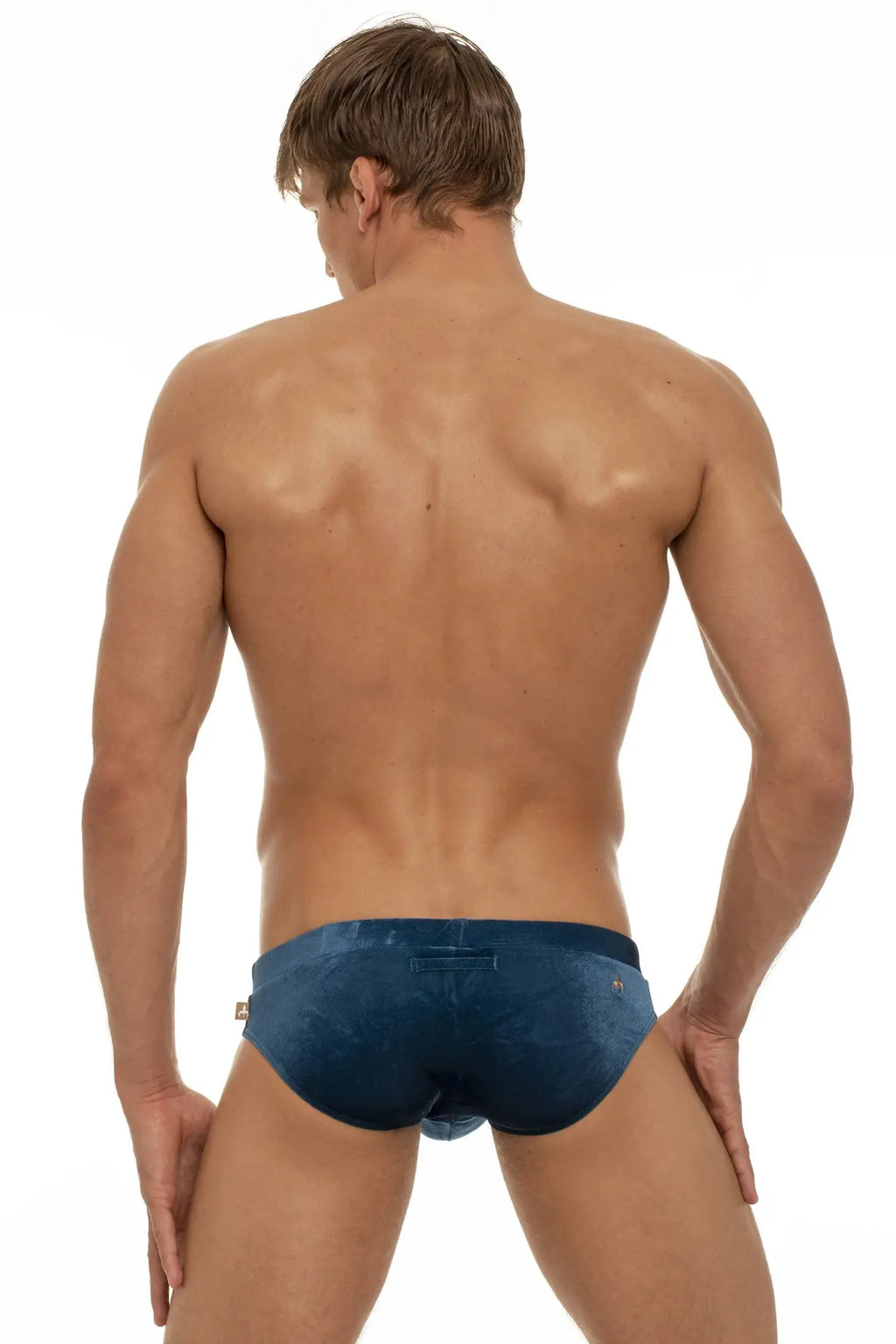 Dark blue textured Marcuse Burleigh Deluxe bikini swimwear with subtle pattern and small waistband logo