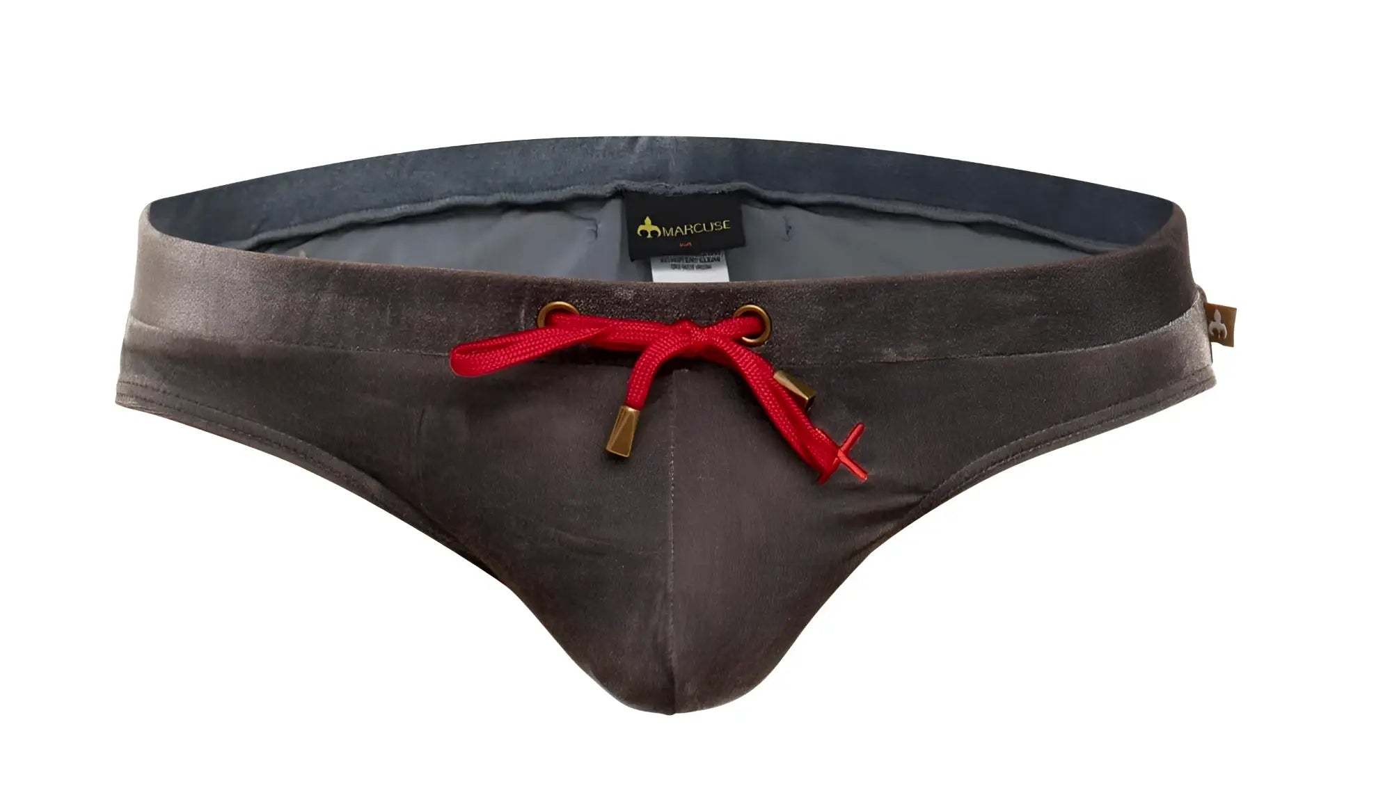 Dark gray textured marcuse burleigh deluxe bikini swimwear trunks with red drawstring and gold-tone hardware