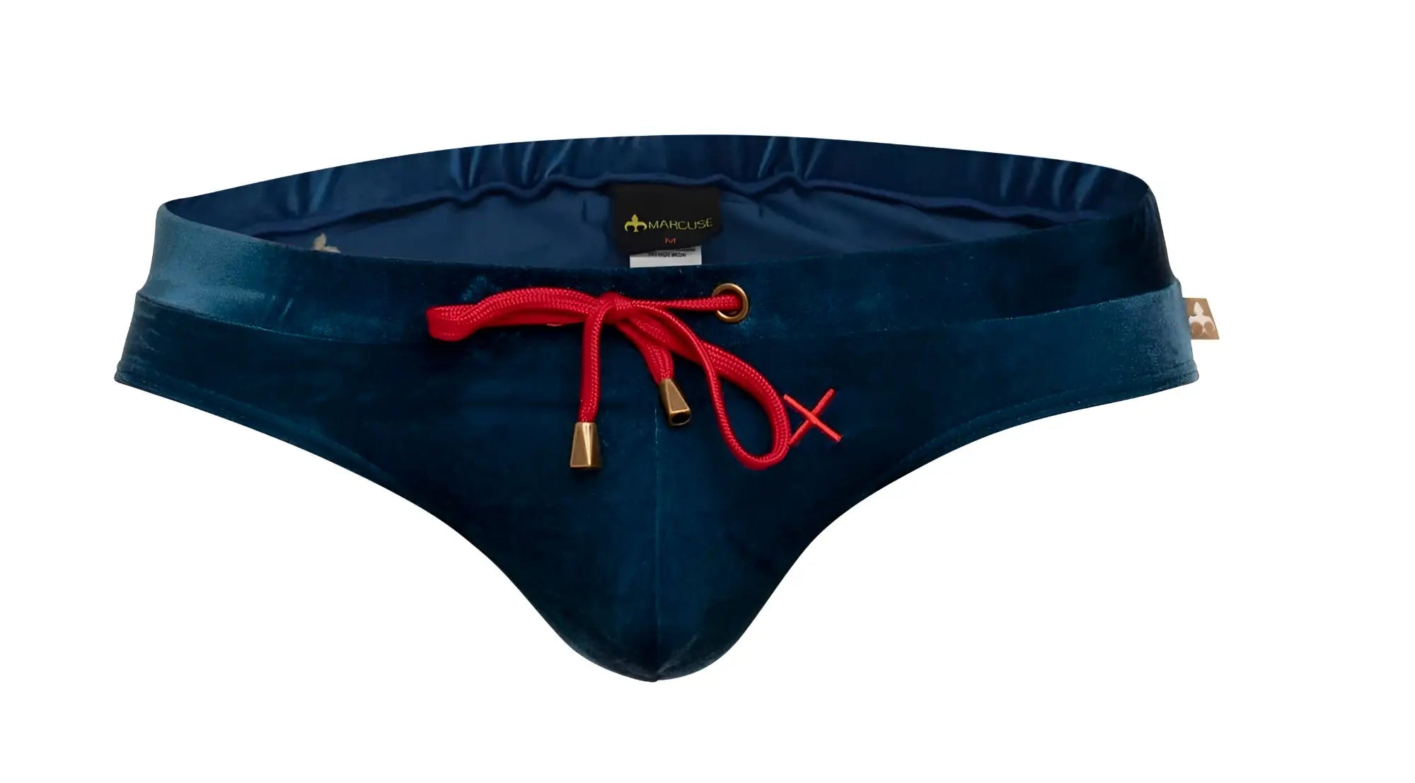 Deep navy velvet swim trunks with red drawstring and gold-tone hardware from Marcuse Burleigh deluxe bikini swimwear