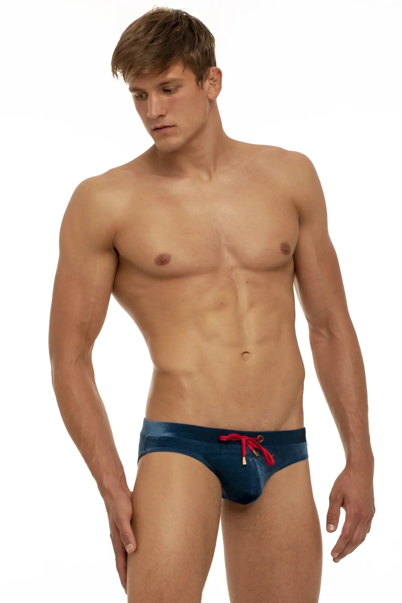 Navy blue marcuse burleigh deluxe bikini swimwear with red drawstring swim trunks for men