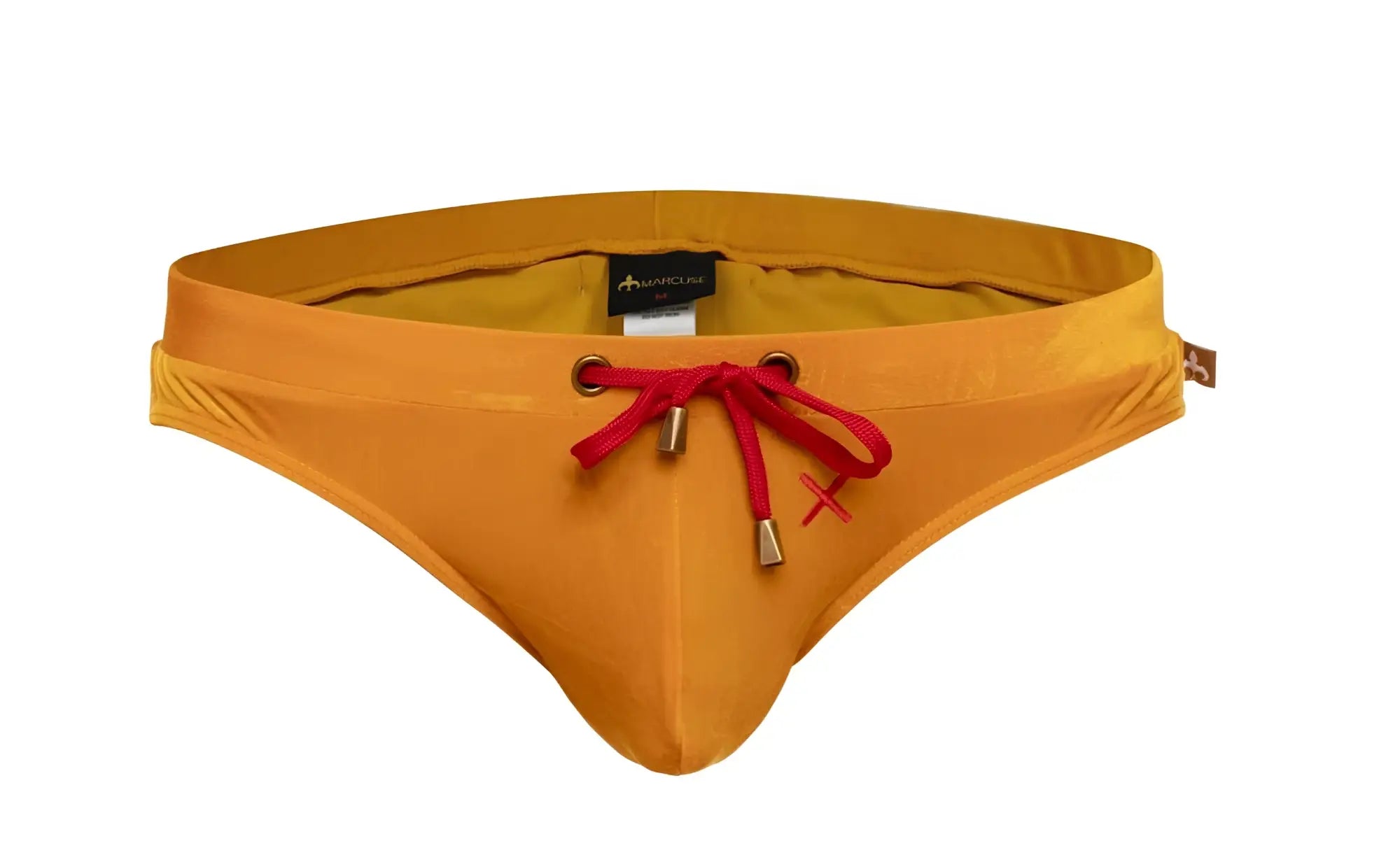 Vibrant orange Marcuse Burleigh deluxe bikini swimwear with red drawstring and metallic aglets in swim trunks style