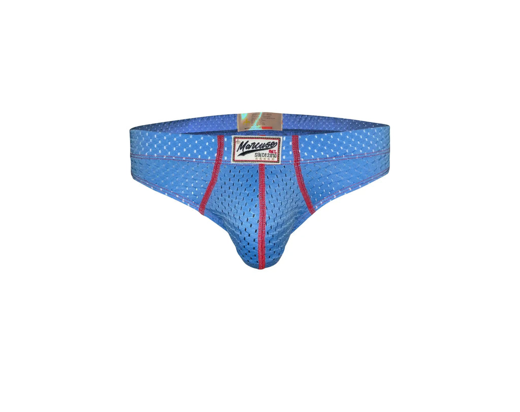 Blue mesh marcuse bussine brief underwear with red stitching white polka dots and marcuse since 2013 label