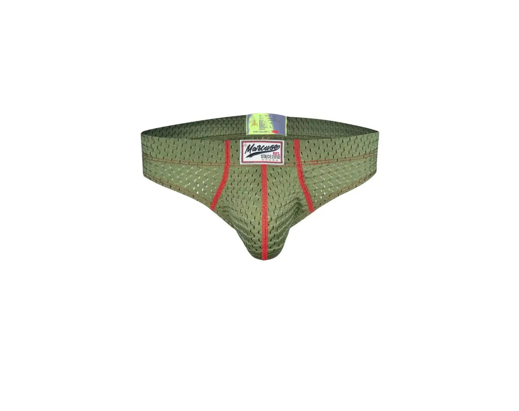 Olive green mesh marcuse bussine brief underwear with red stitching and white label featuring the morceau brand name