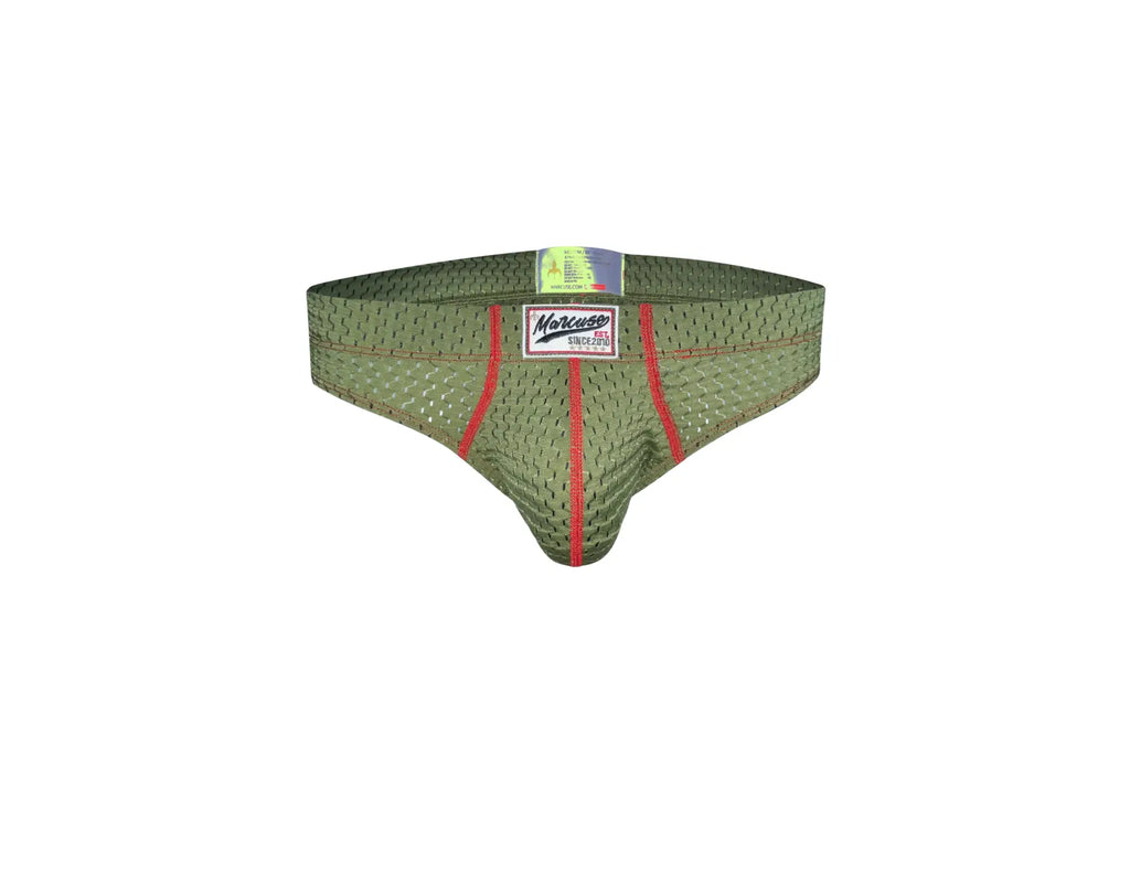 Olive green mesh marcuse bussine brief underwear with red stitching and white label featuring the morceau brand name