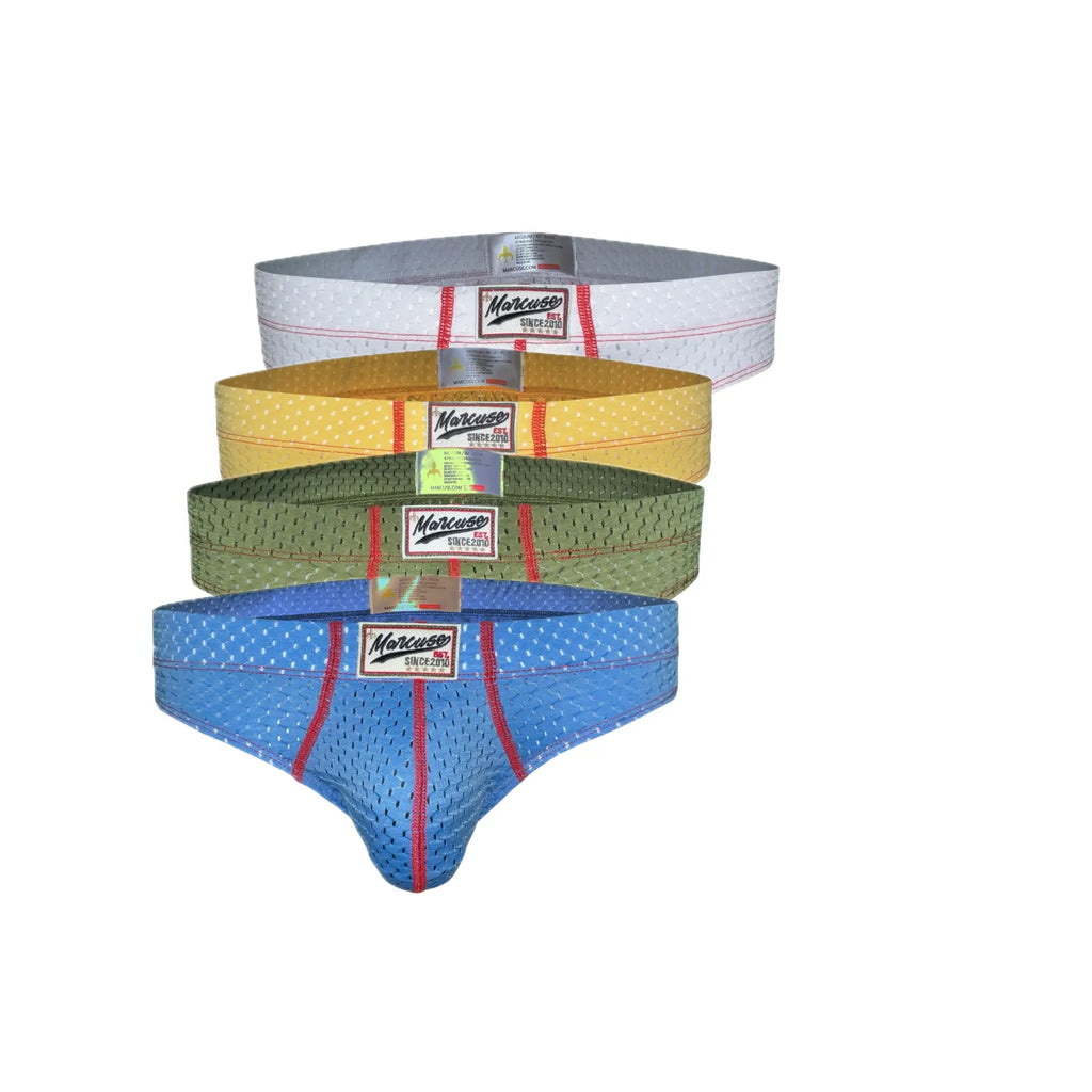 Set of four colorful marcuse bussine brief underwear in white yellow green and blue mesh with red trim and brand labels
