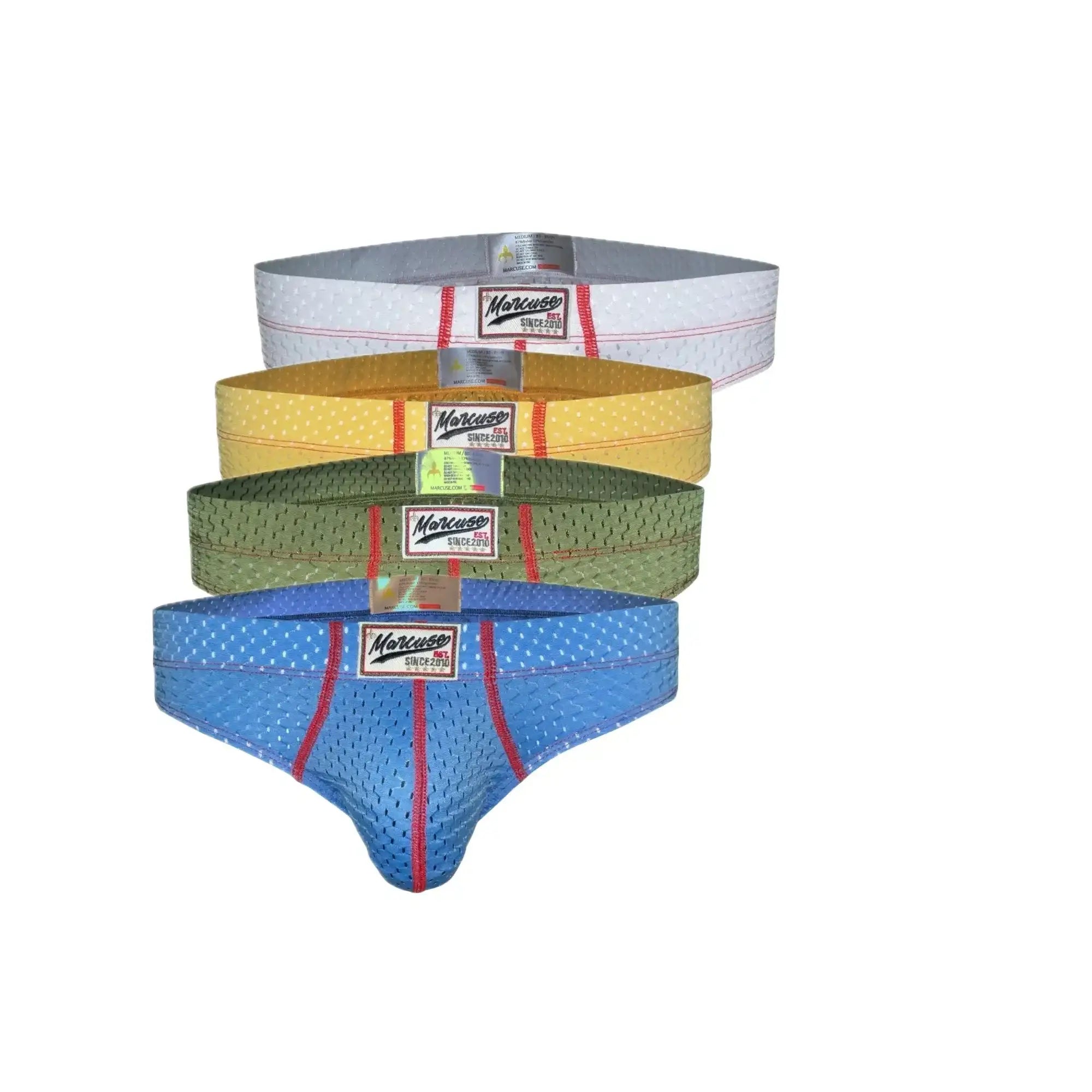 Set of four colorful marcuse bussine brief underwear in white yellow green and blue mesh with red trim and brand labels