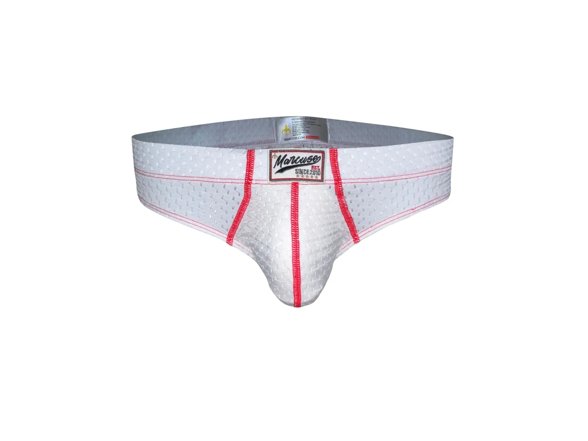 White mesh marcuse bussine brief underwear with red trim and marcuse brand label
