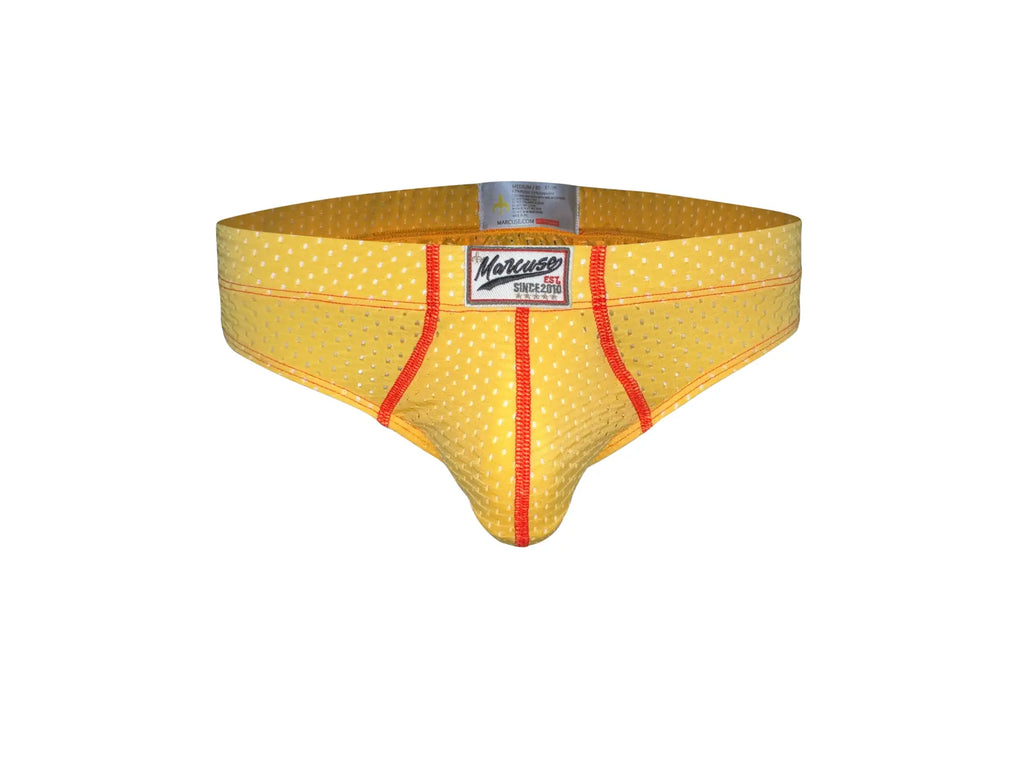 Yellow mesh marcuse bussine brief underwear with red trim and a white label featuring the moricuso brand name
