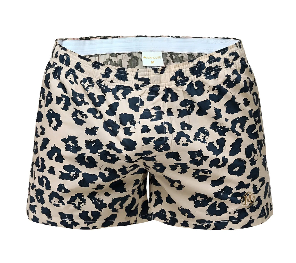 Marcuse caleçon+ boxer underwear beige and navy blue leopard-print swim trunks with subtle gold logo on lower right leg