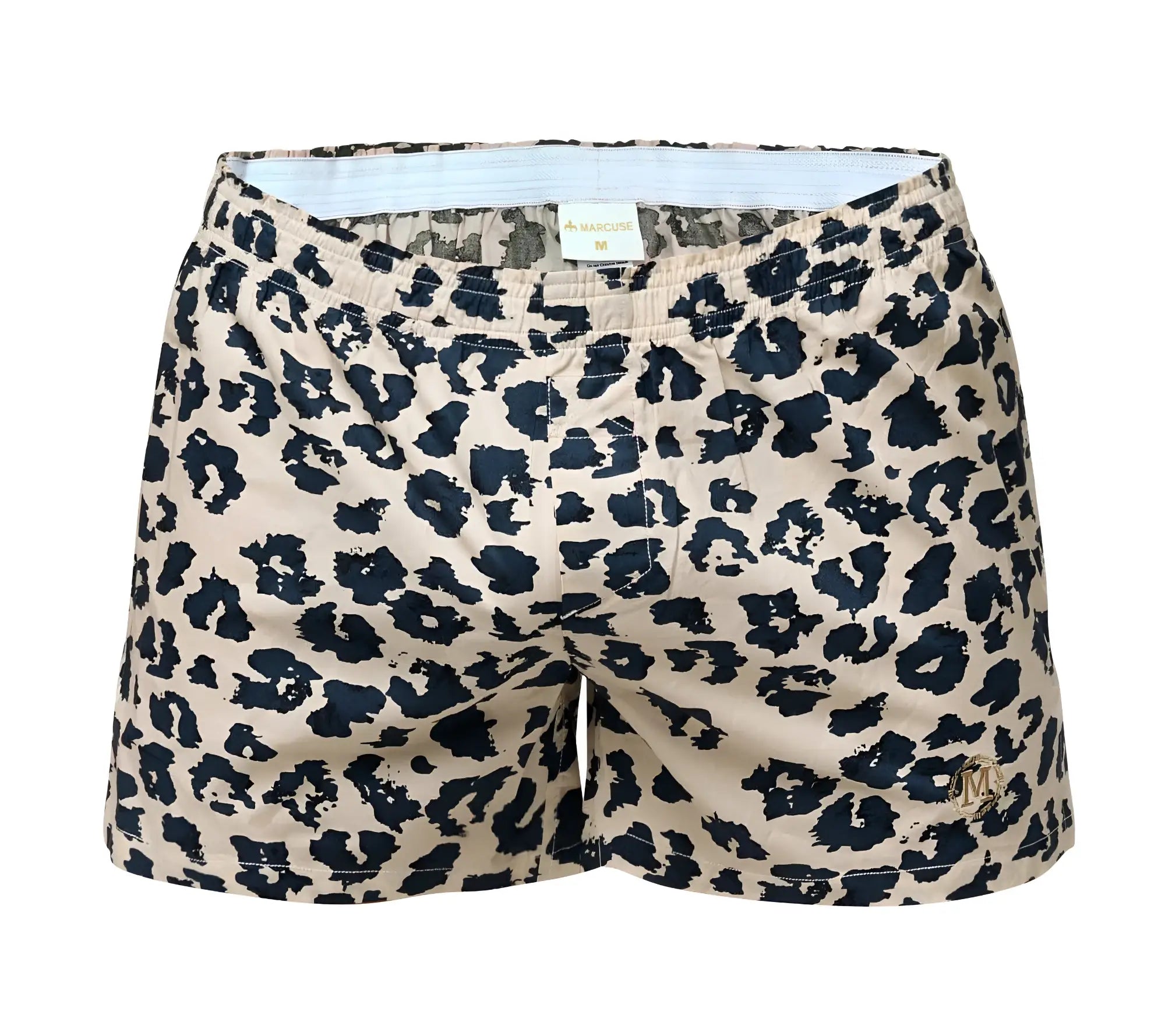 Marcuse caleçon+ boxer underwear beige and navy blue leopard-print swim trunks with subtle gold logo on lower right leg
