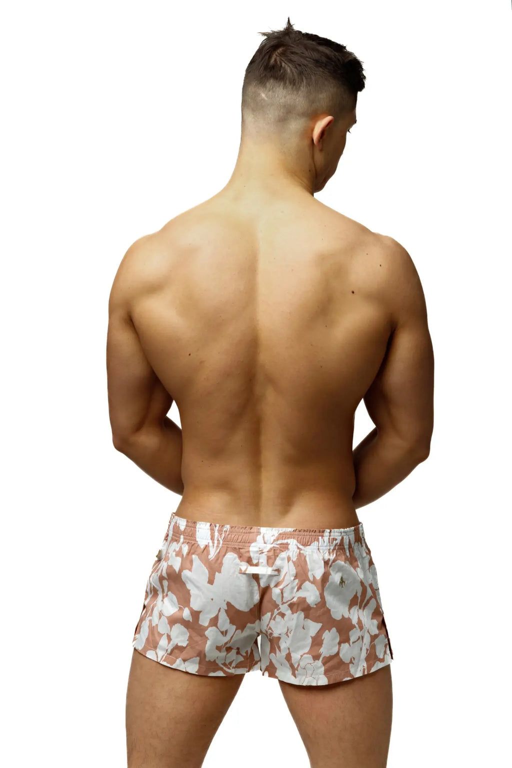 Marcuse caleçon boxer underwear featuring beige and white floral patterned swim trunks for comfortable swimwear use