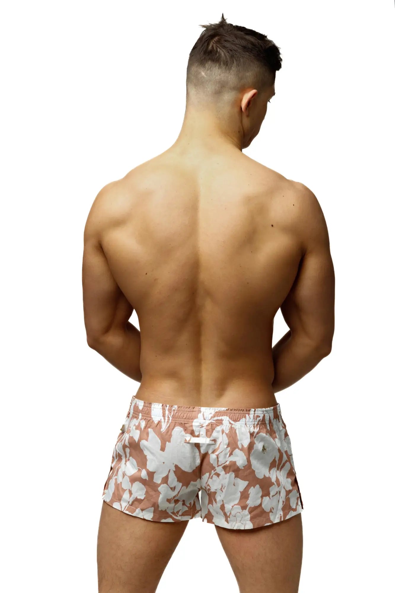 Marcuse caleçon boxer underwear featuring beige and white floral patterned swim trunks for comfortable swimwear use