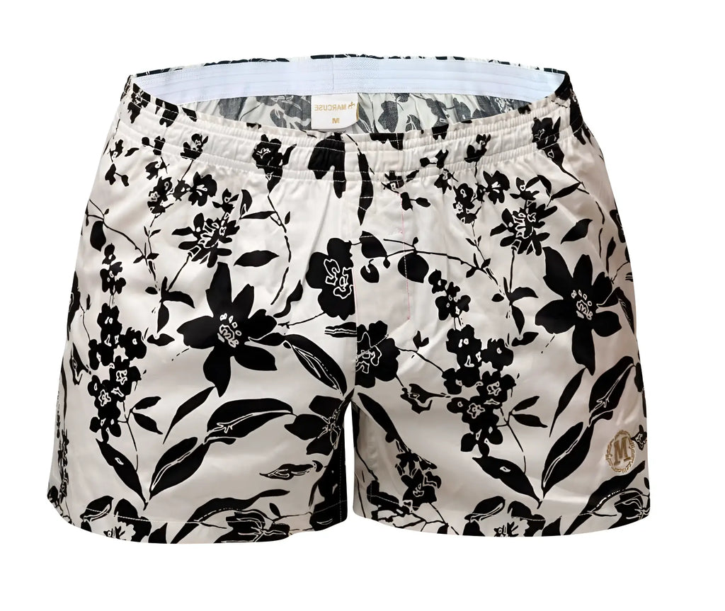 Marcuse caleçon+ boxer underwear featuring black and white floral patterned swim trunks in soft lightweight fabric