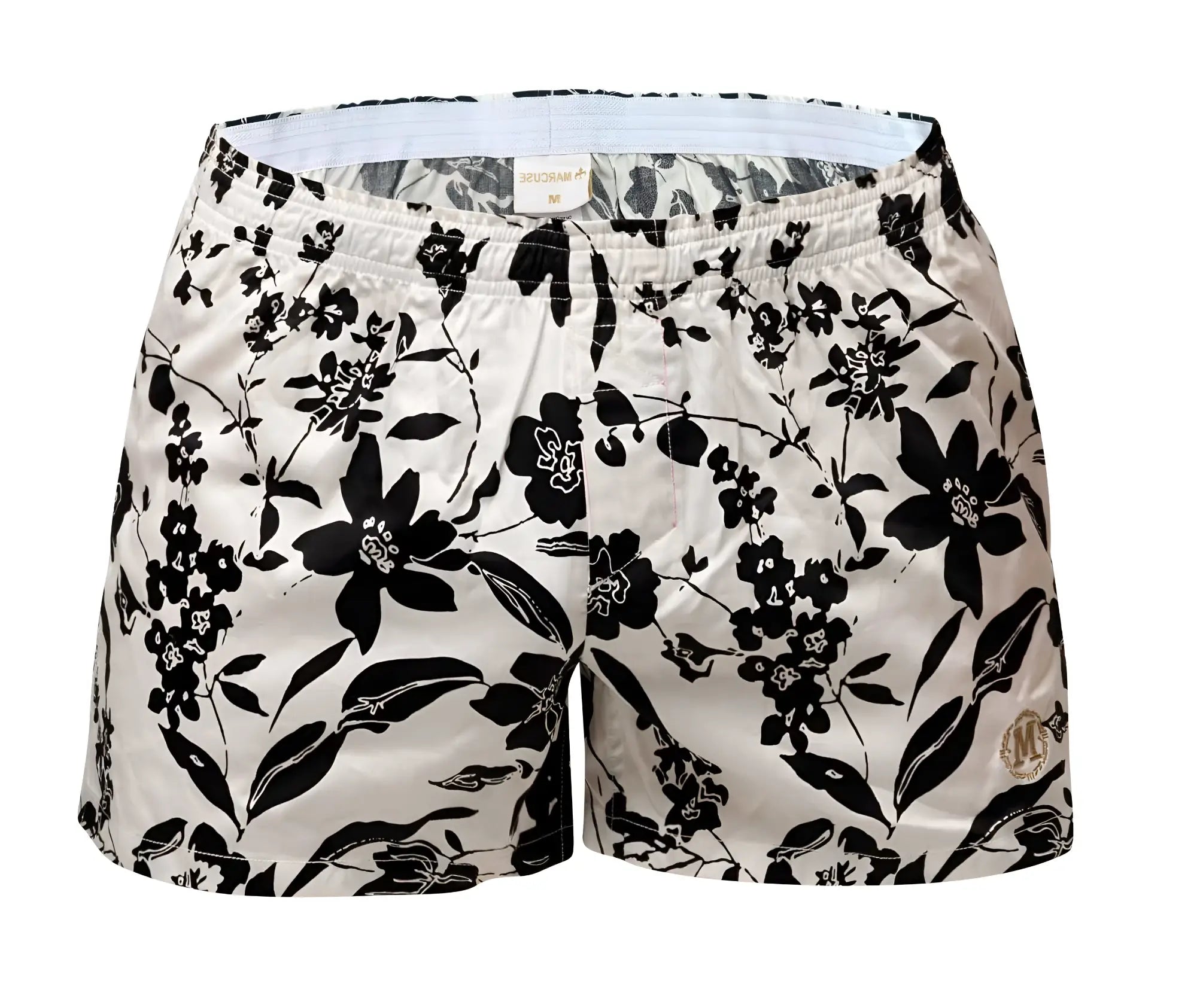 Marcuse caleçon+ boxer underwear featuring black and white floral patterned swim trunks in soft lightweight fabric