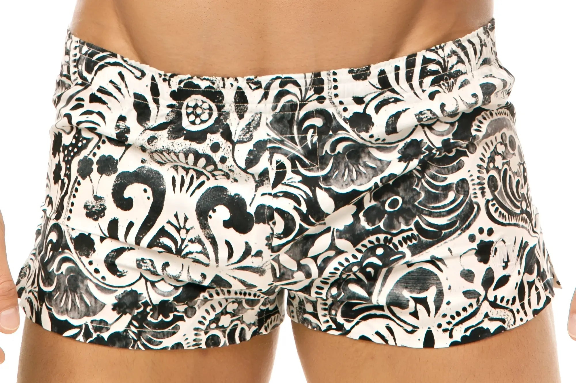 Marcuse caleçon boxer underwear in black and white with bold ornate floral pattern for stylish swimwear use