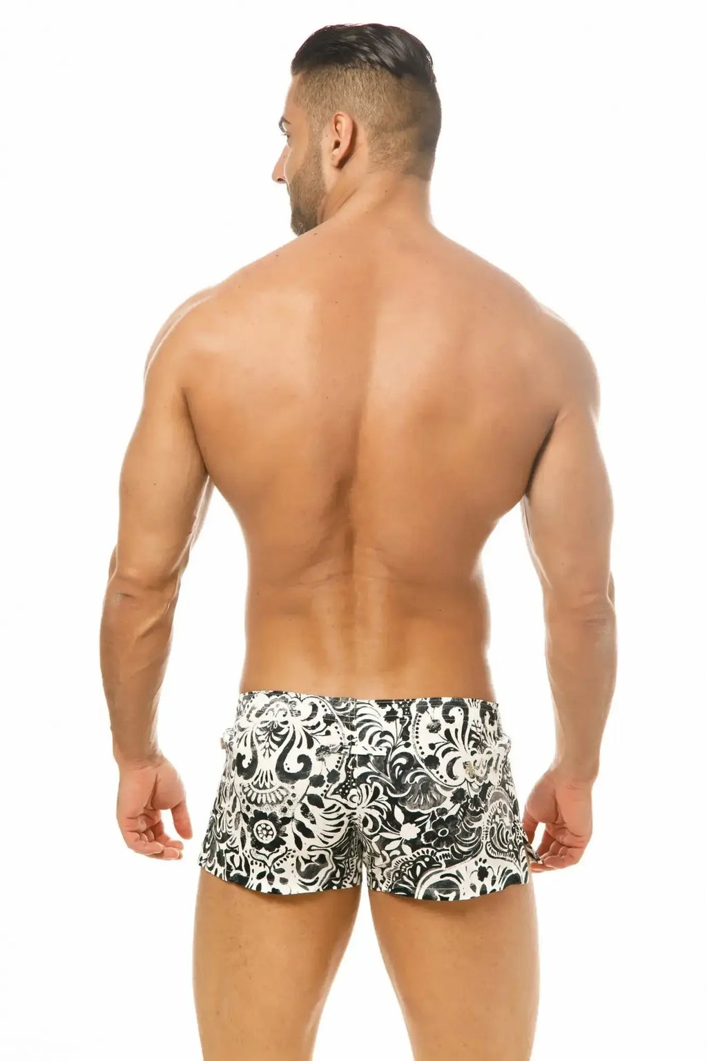 Marcuse Caleçon boxer underwear in black and white swim trunks with ornate swirling pattern design