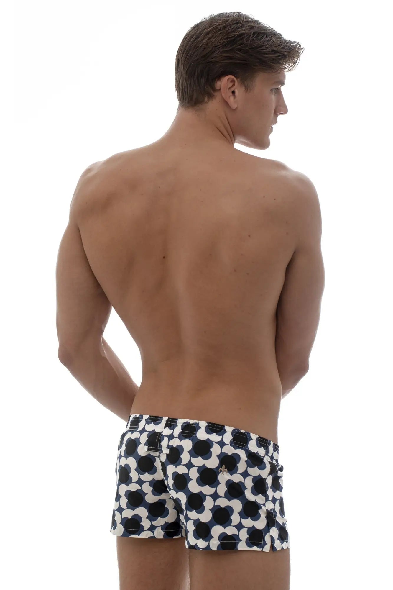 Marcuse Caleçon boxer underwear black and white swim trunks with bold repeating clover pattern design