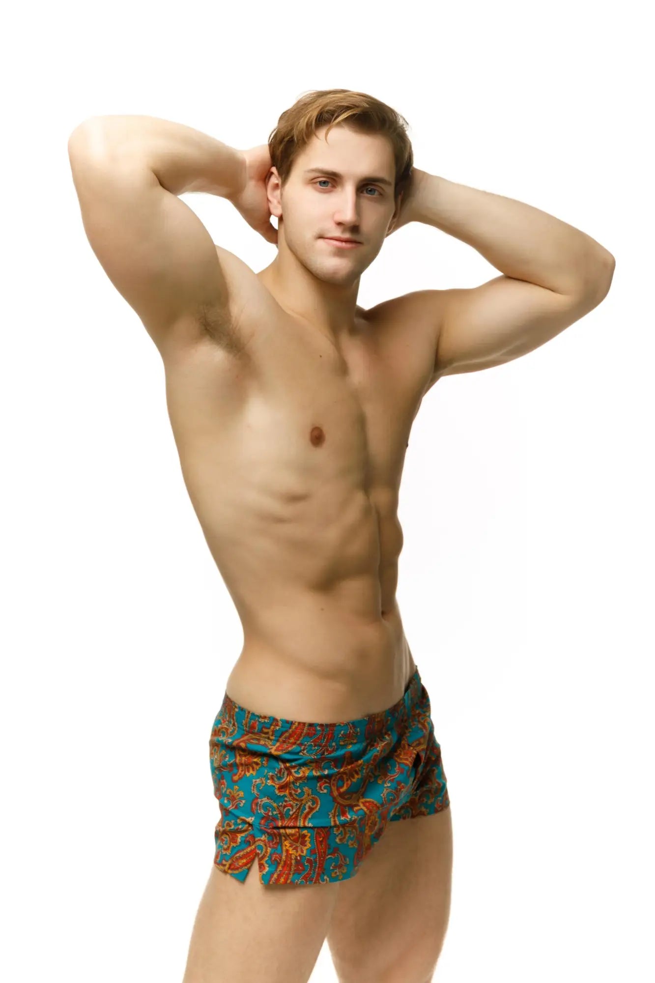 Marcuse caleçon boxer underwear in blue and orange paisley patterned swim trunks for stylish swimwear use