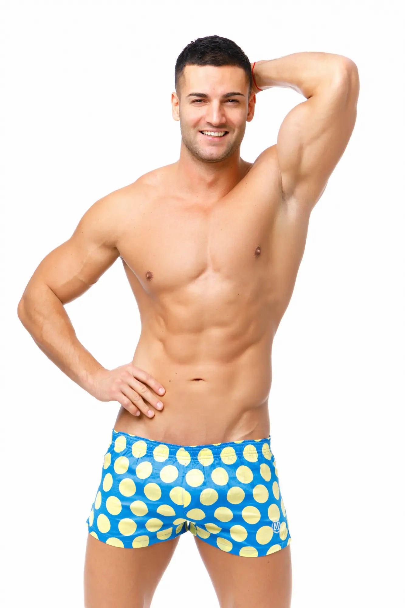 Marcuse caleçon boxer underwear in blue swim trunks with yellow polka dots for casual beachwear