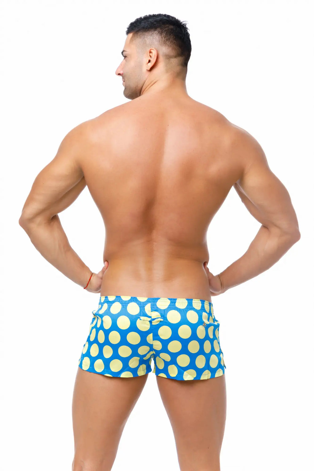 Marcuse caleçon boxer underwear in blue swim trunks with yellow polka dots featuring lightweight fabric