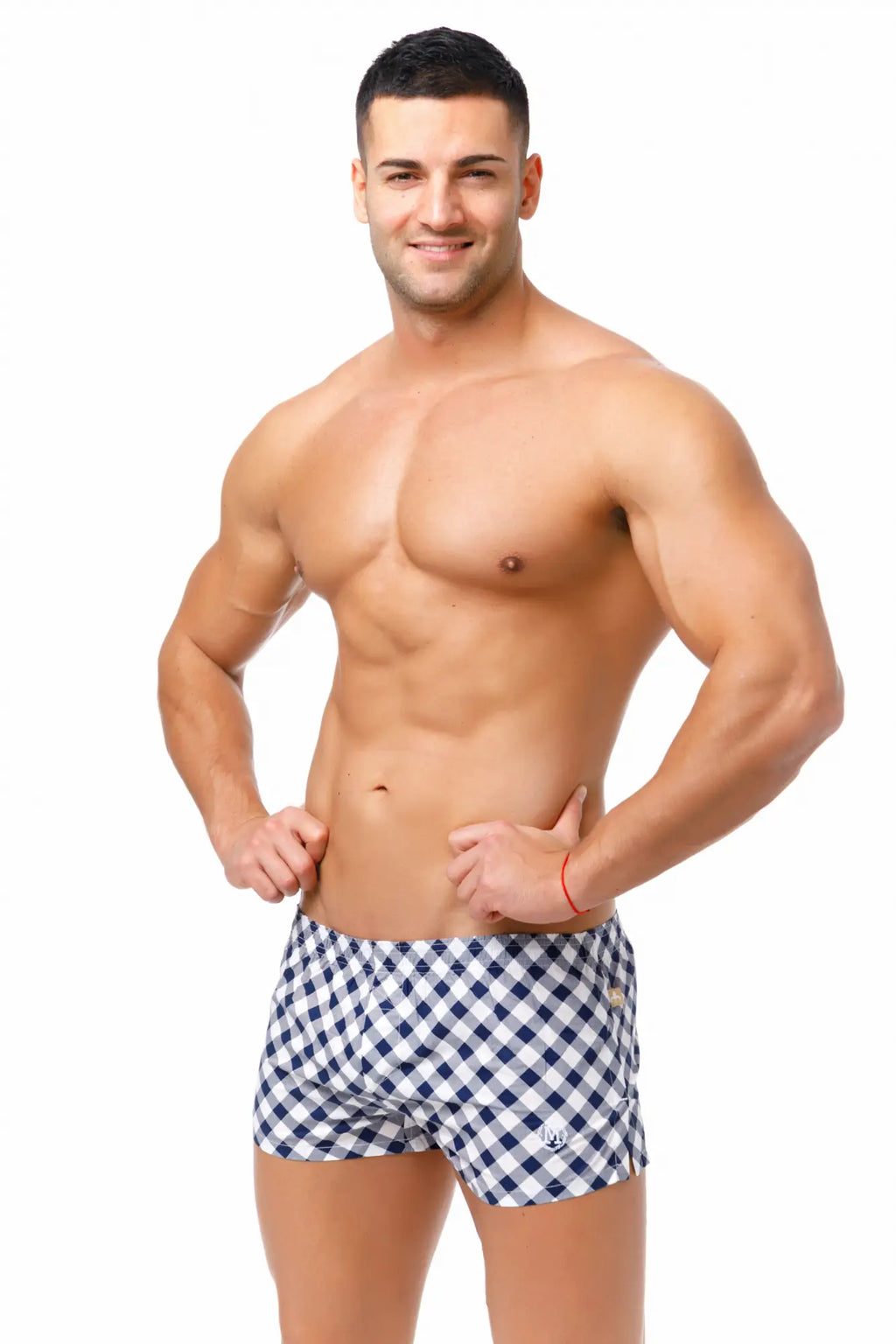 Marcuse caleçon boxer underwear featuring blue and white checkered swim trunk design for comfortable casual wear