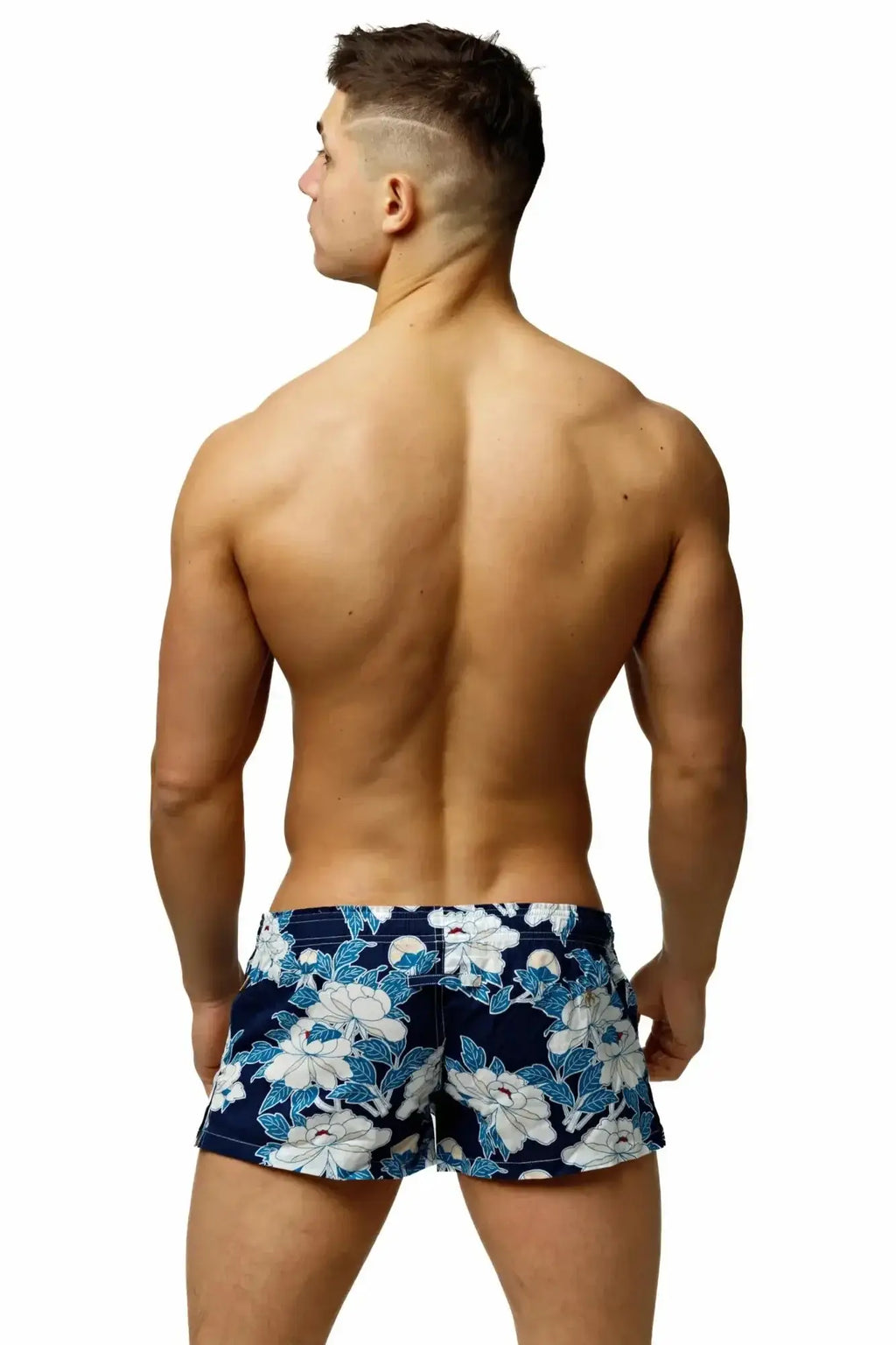 Marcuse caleçon boxer underwear navy blue swim trunks with white and light blue floral pattern front view