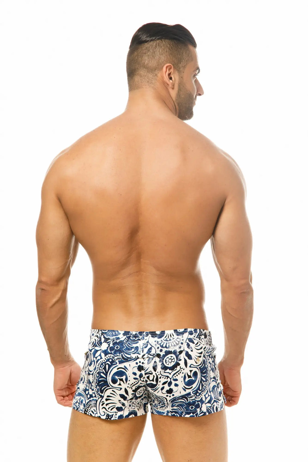 Marcuse caleçon boxer underwear in blue and white patterned swim trunks with intricate paisley design